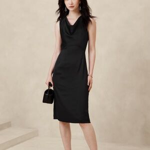 NWT 4P Banana Republic Factory Black Hammered Satin, Cowl-neck Sheath Dress